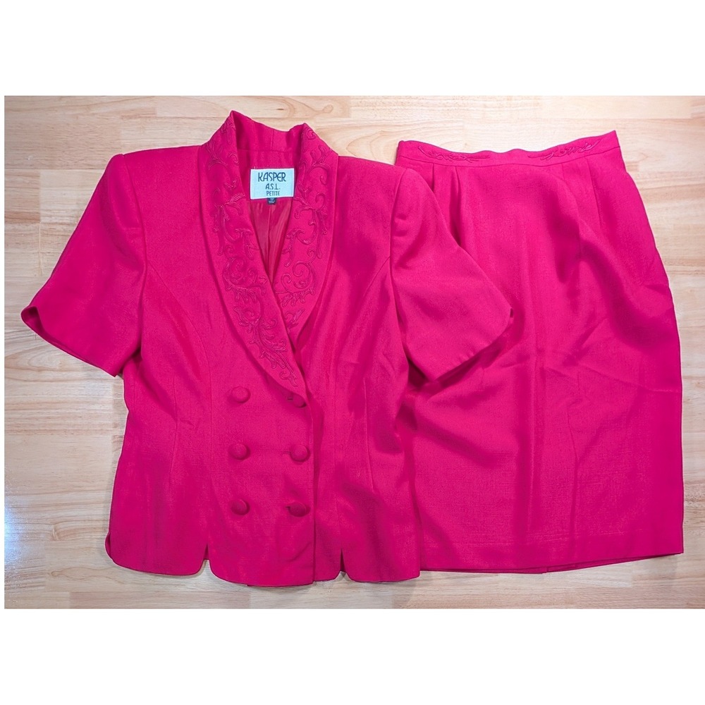 Kasper ASL Petite Fuchsia Pink Embroidered Short Sleeve Skirt Suit Set 4P 90s